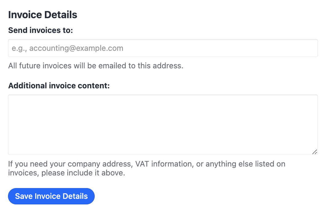 Form to enter invoice email address and additional invoice content with save button.