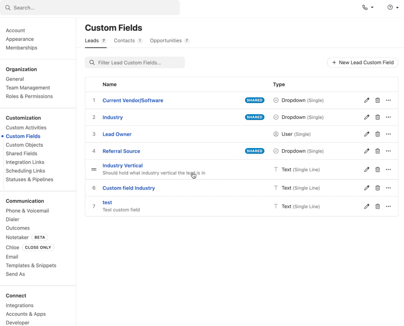Settings page showing a list of lead custom fields with names, types, and edit controls.