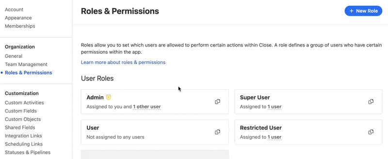Roles & Permissions settings page showing Admin, Super User, User, and Restricted User role cards.