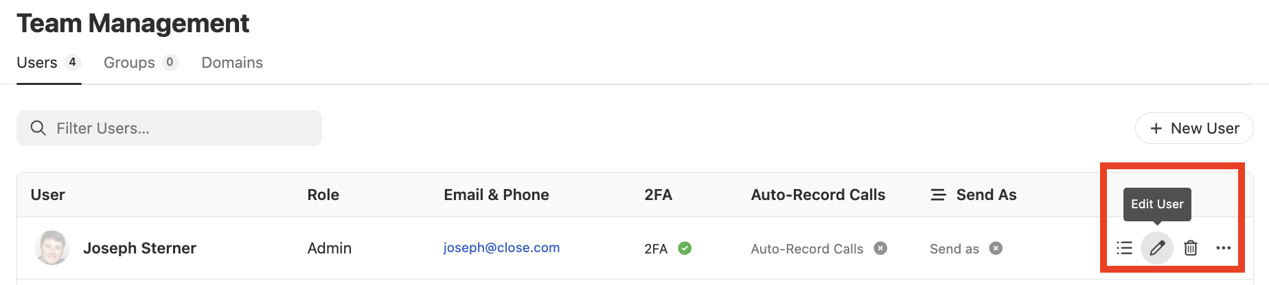 Team Management users list showing an Edit User button highlighted for Joseph Sterner.