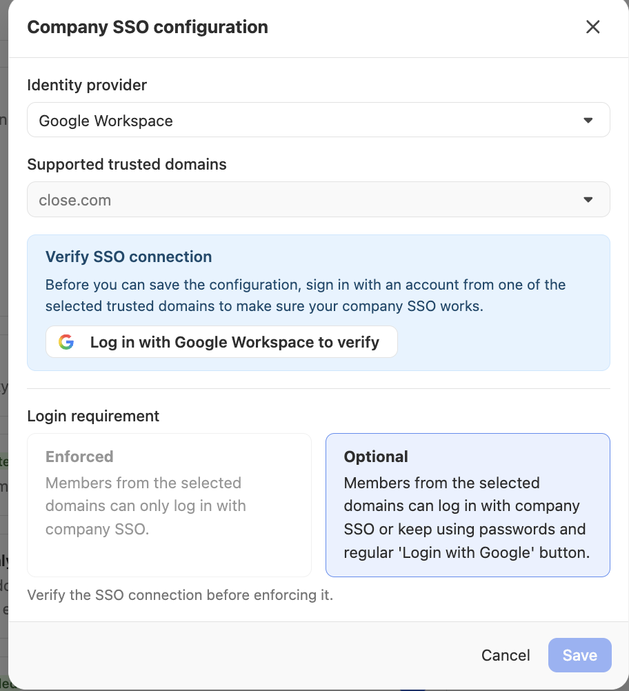 Modal showing company SSO configuration with identity provider, trusted domain, verify button, and login requirement options.