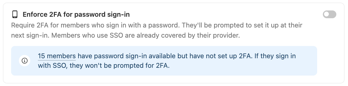 Security setting card showing Enforce 2FA for password sign-in with explanatory text, a disabled toggle, and an info notice about 15 members.