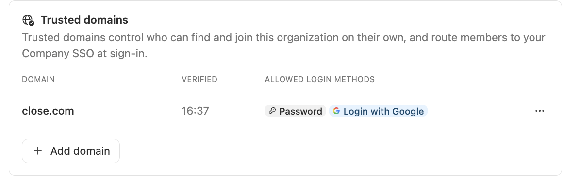 Trusted domains panel showing close.com verified time and allowed login methods.