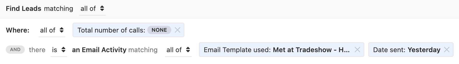 Search filter bar showing criteria for calls none and email activity with template and date sent yesterday.