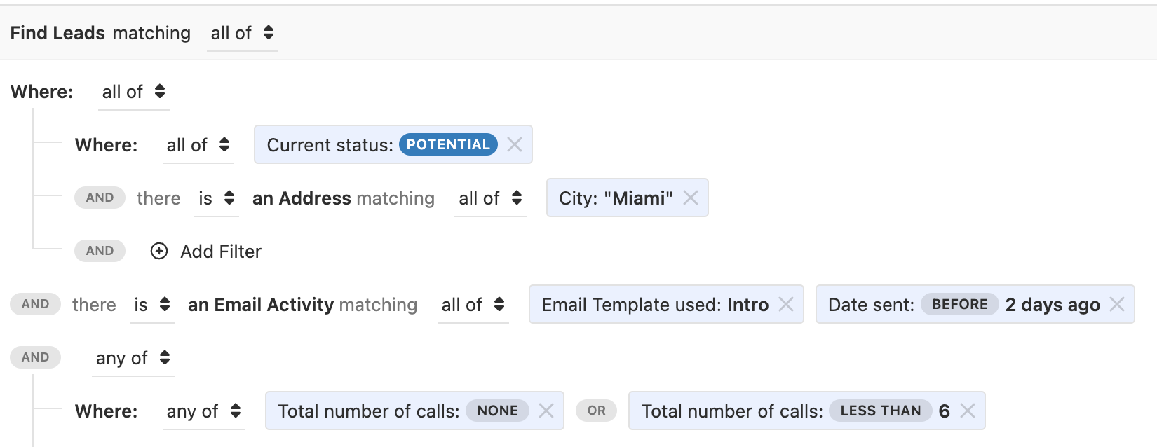 Smart Views filter builder showing conditions for status, address city, email activity, and call counts.