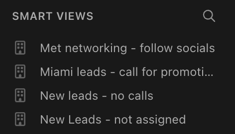 Sidebar showing a list of Smart Views like Met networking and New leads.