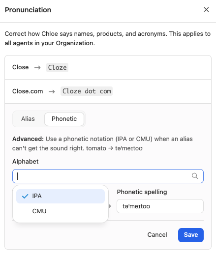 Choose IPA or CMU in the Alphabet dropdown.