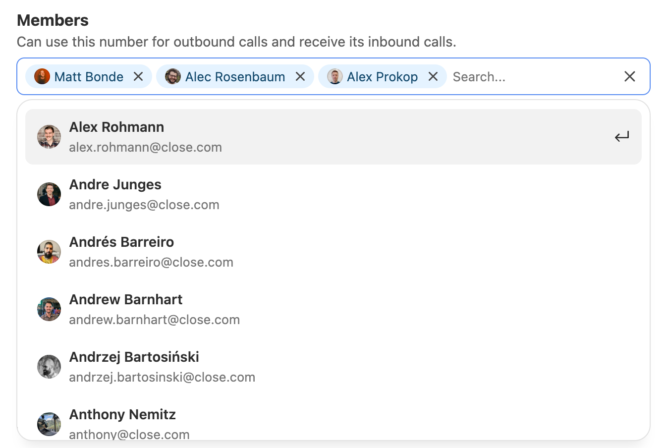 Members card showing selected users as chips and a searchable dropdown list of team members.
