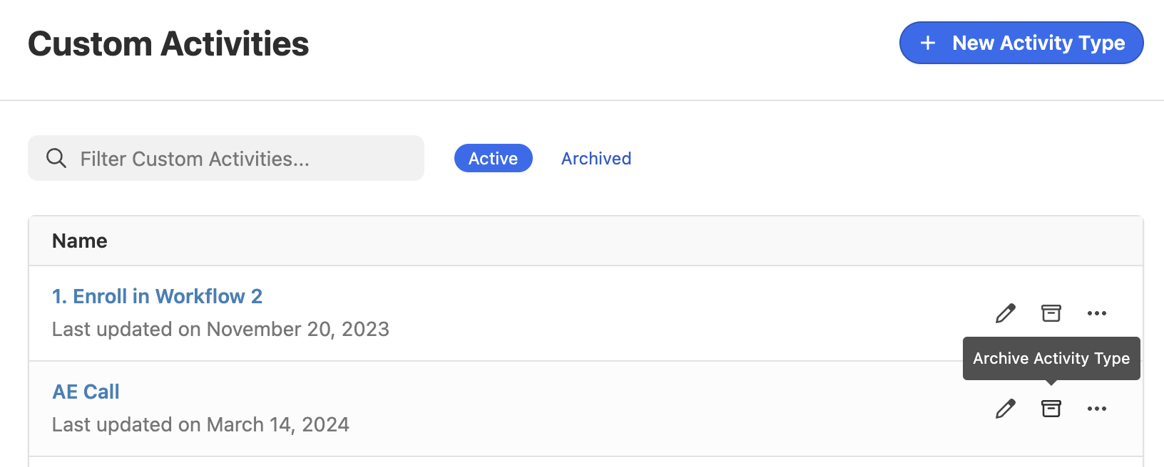 List view of custom activity types with search, active filter, and archive action tooltip.