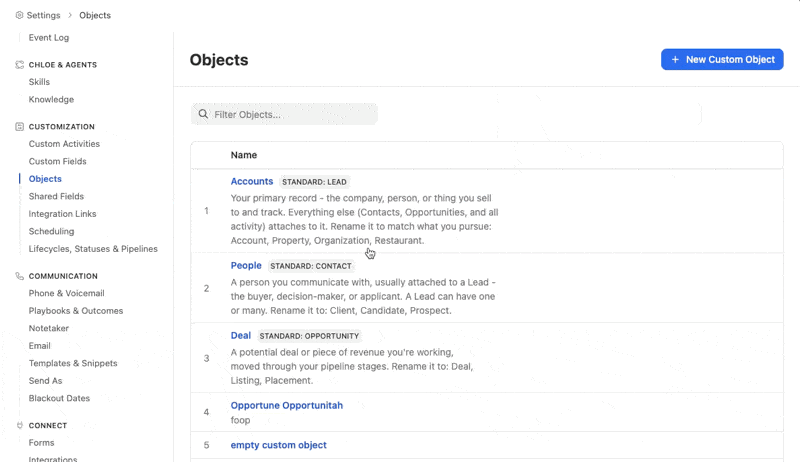 Settings page listing standard and custom objects with renamed examples like Accounts, People, and Deal.