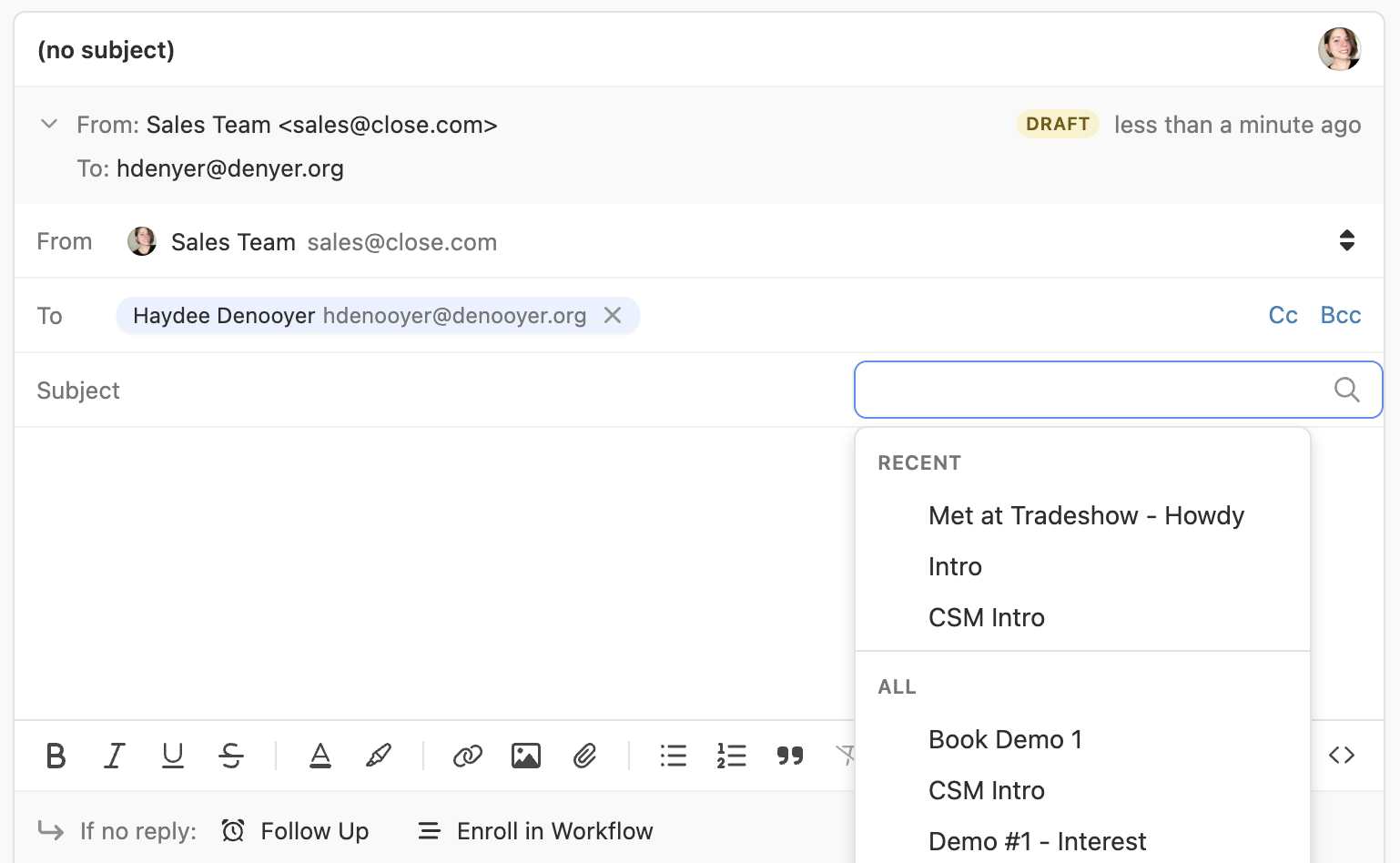 Close CRM compose email draft window with recipient, subject, and template menu open.