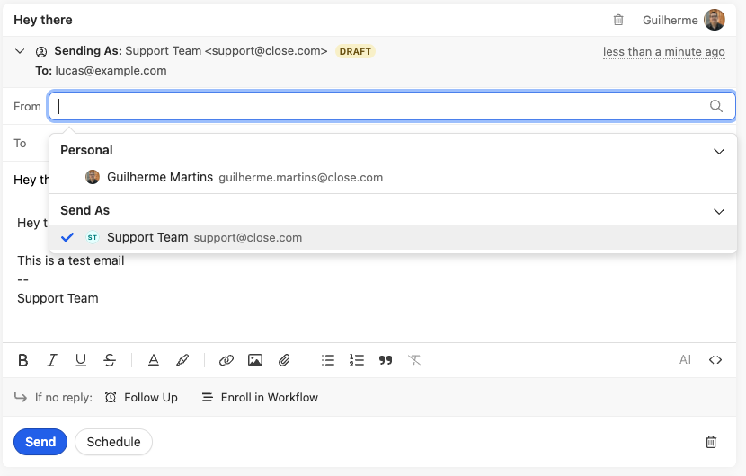 Email compose window showing From address dropdown with personal and team send-as options.