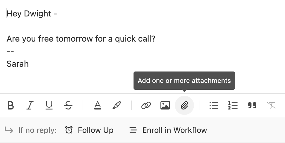 Email compose window showing message body and highlighted paperclip attachment icon.