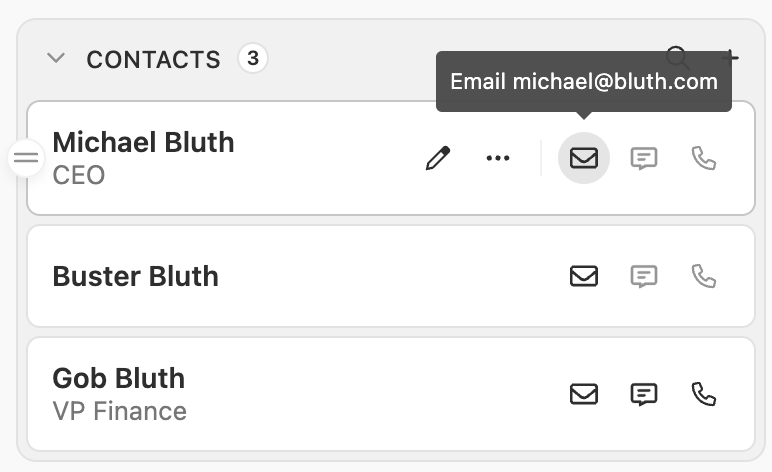 Lead contact cards showing email icons to message individual contacts.