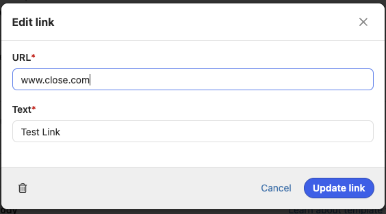 Modal dialog for editing a link with URL and Text fields and Update button.