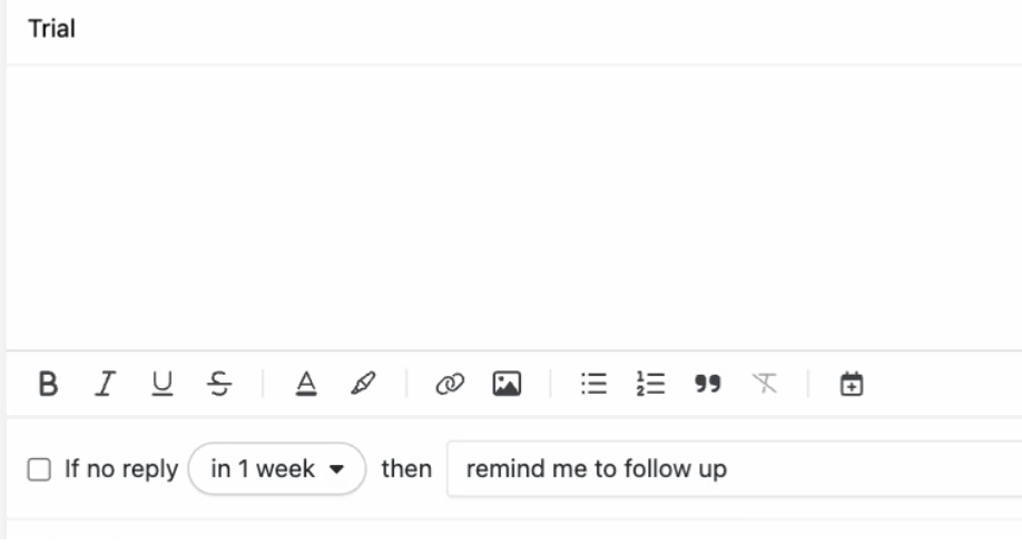 Email compose area with formatting toolbar and follow-up reminder option.