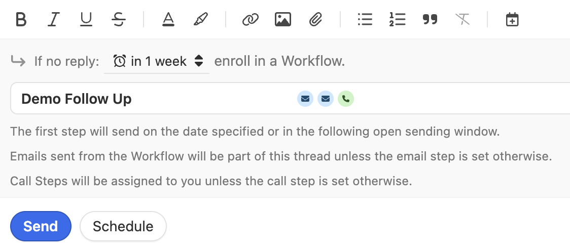 Email composer footer showing workflow enrollment, template name, send and schedule buttons.