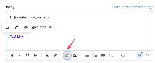 Email body composer with toolbar showing insert link icon highlighted.
