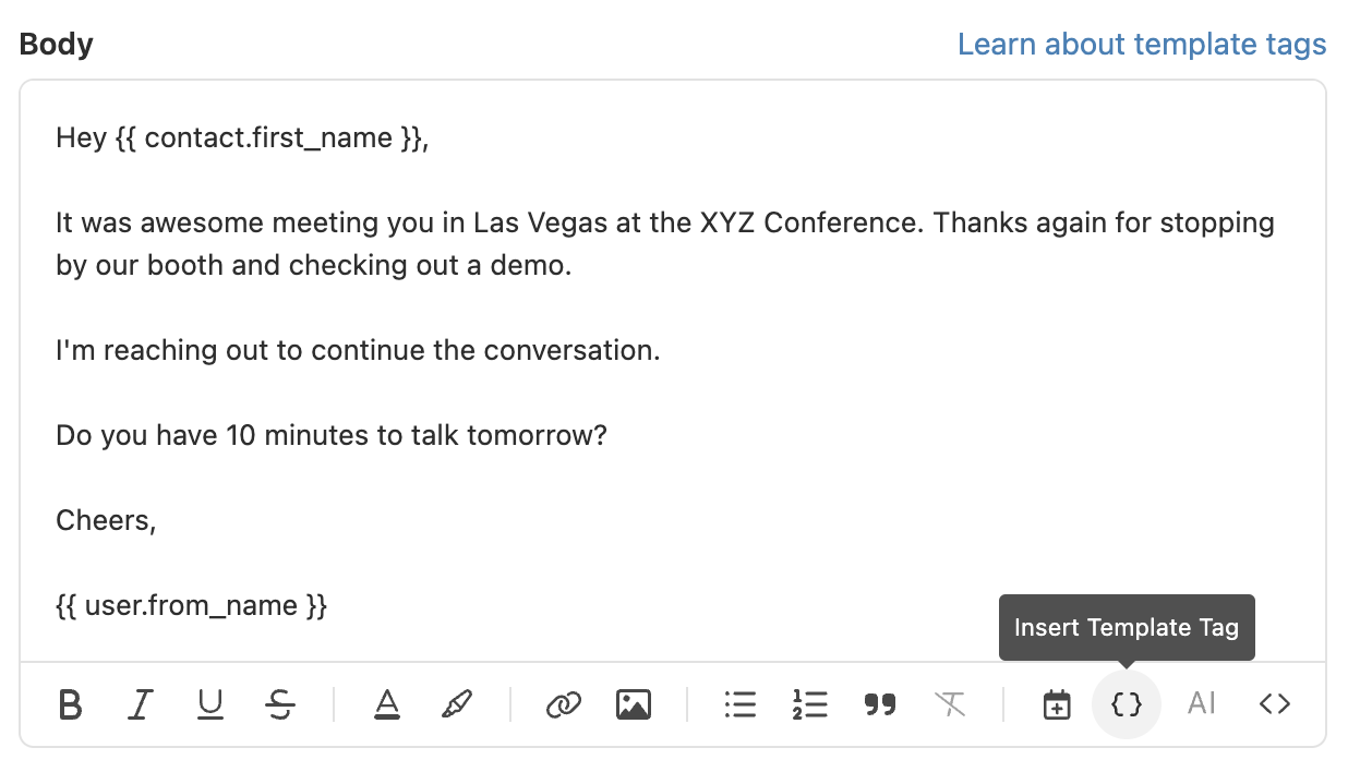 Email compose box showing template tags and formatting toolbar in the body field.