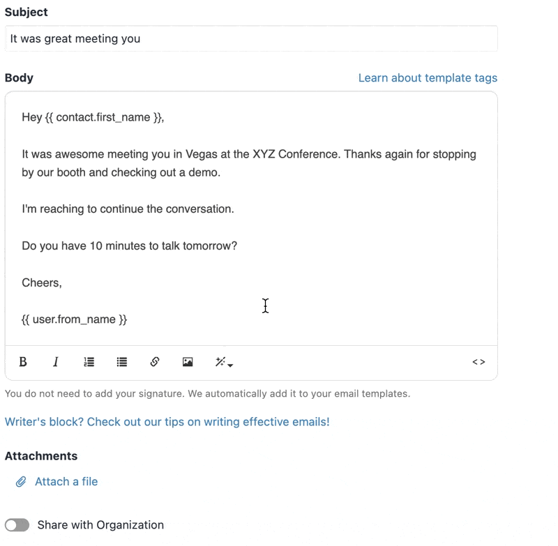Email compose window showing subject, body with template tags, formatting toolbar, and attachment option.