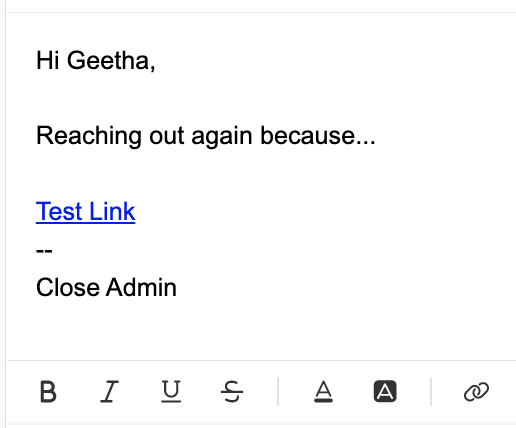 Email compose window showing message body, signature, and formatting toolbar with link and style icons.