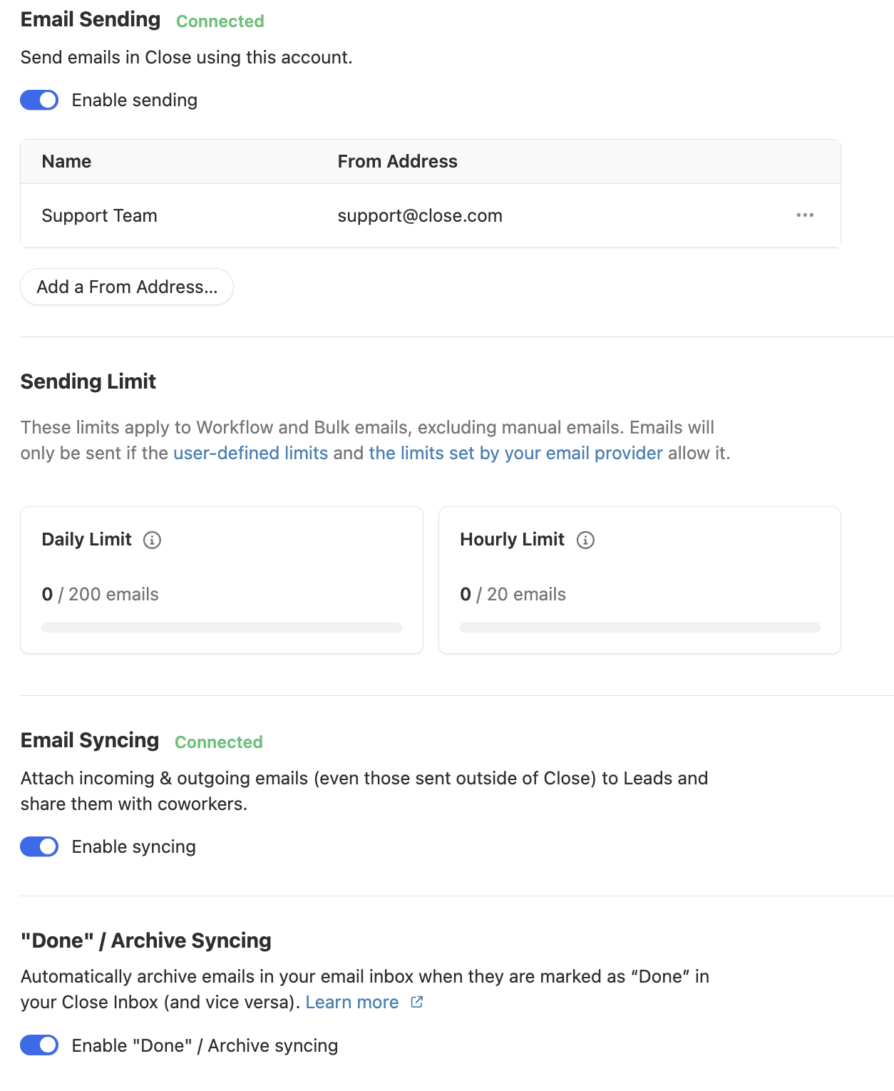 Close email settings showing sending options, from address, sending limits, and syncing toggles.