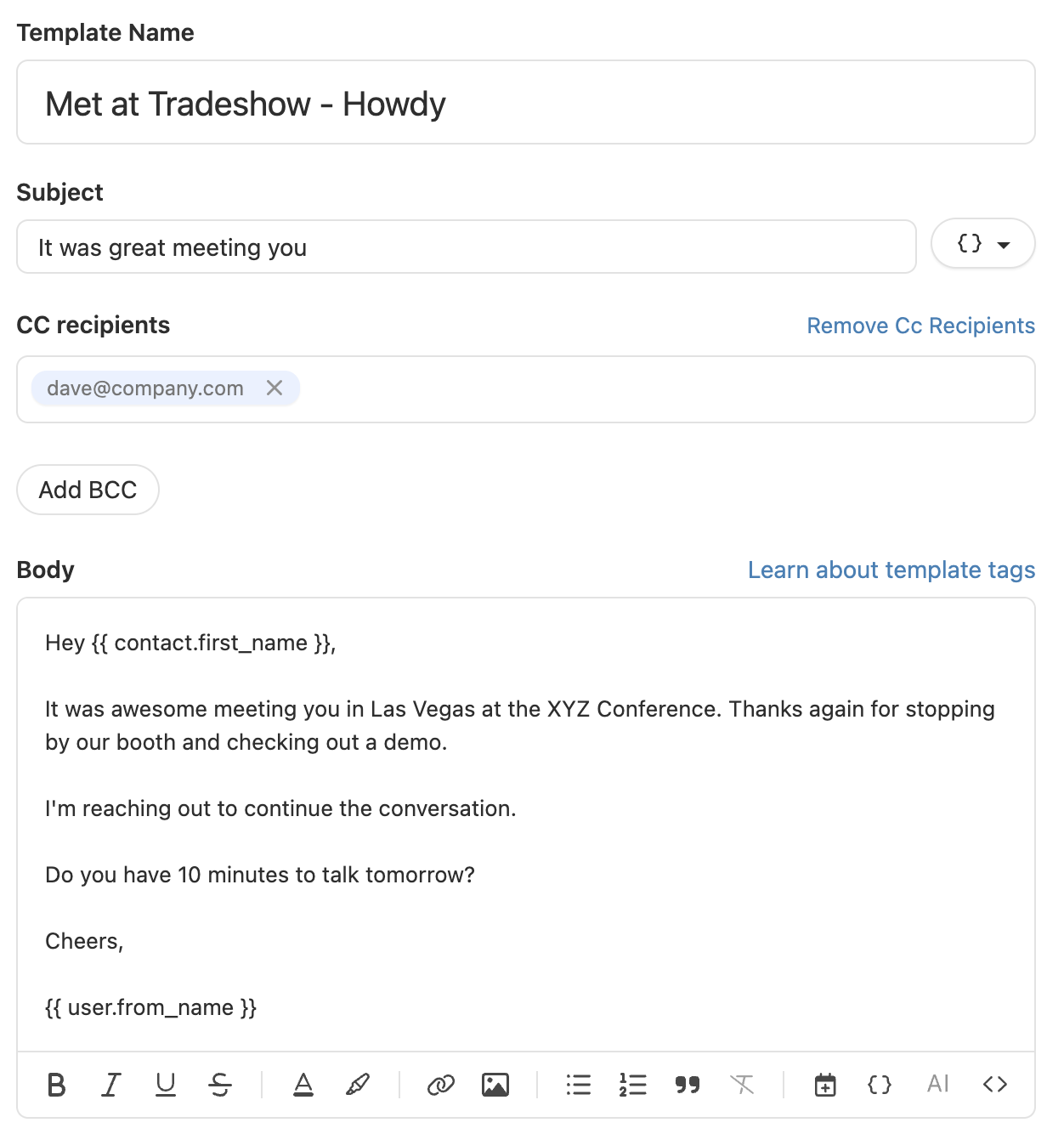 Email template editor showing subject, CC recipient, and message body with template tags.