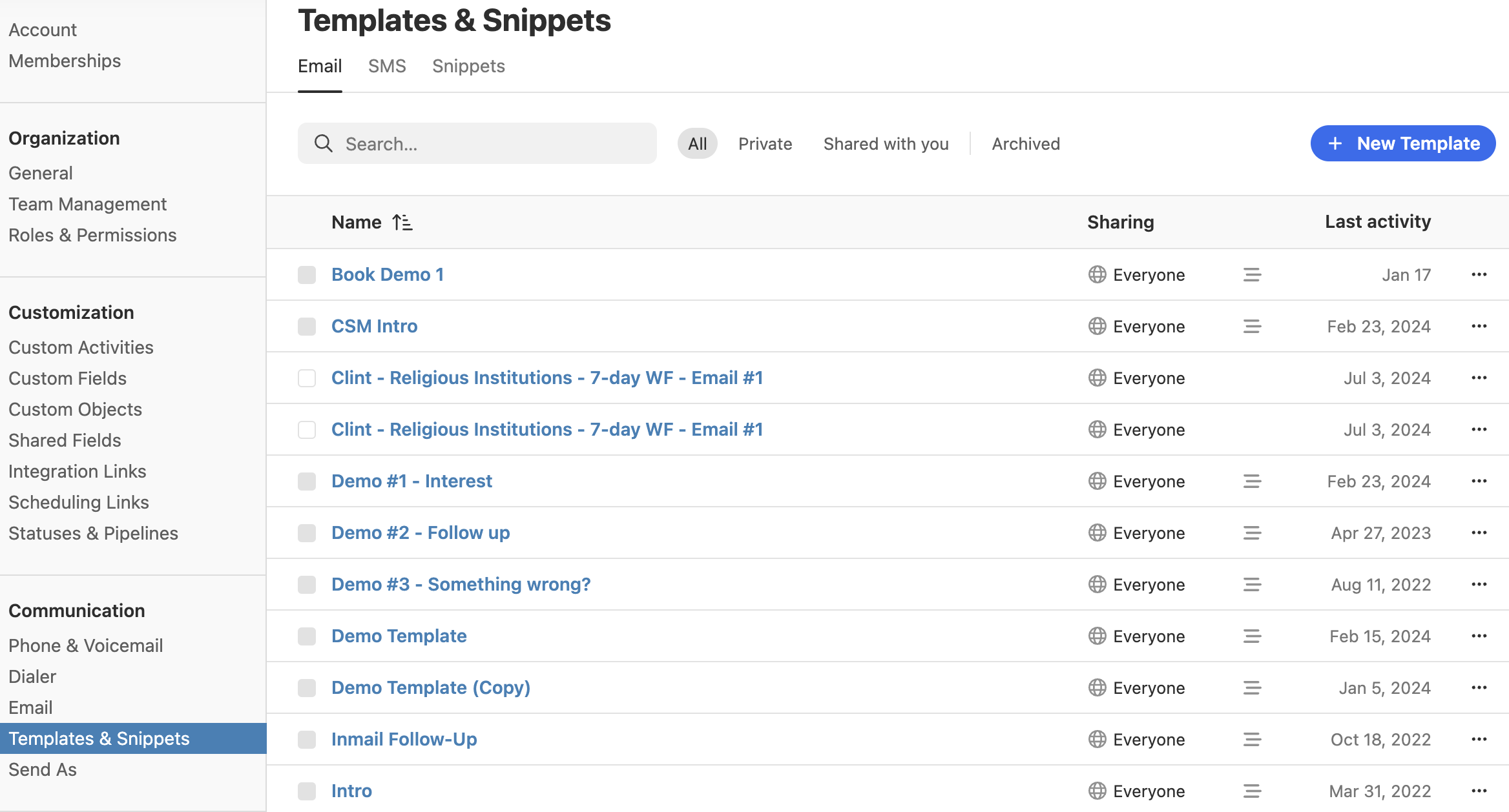 List view of email templates and snippets with names, sharing status, and last activity dates.