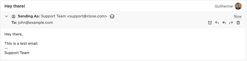 Email compose panel showing subject, sender, recipient, and message body in Close.