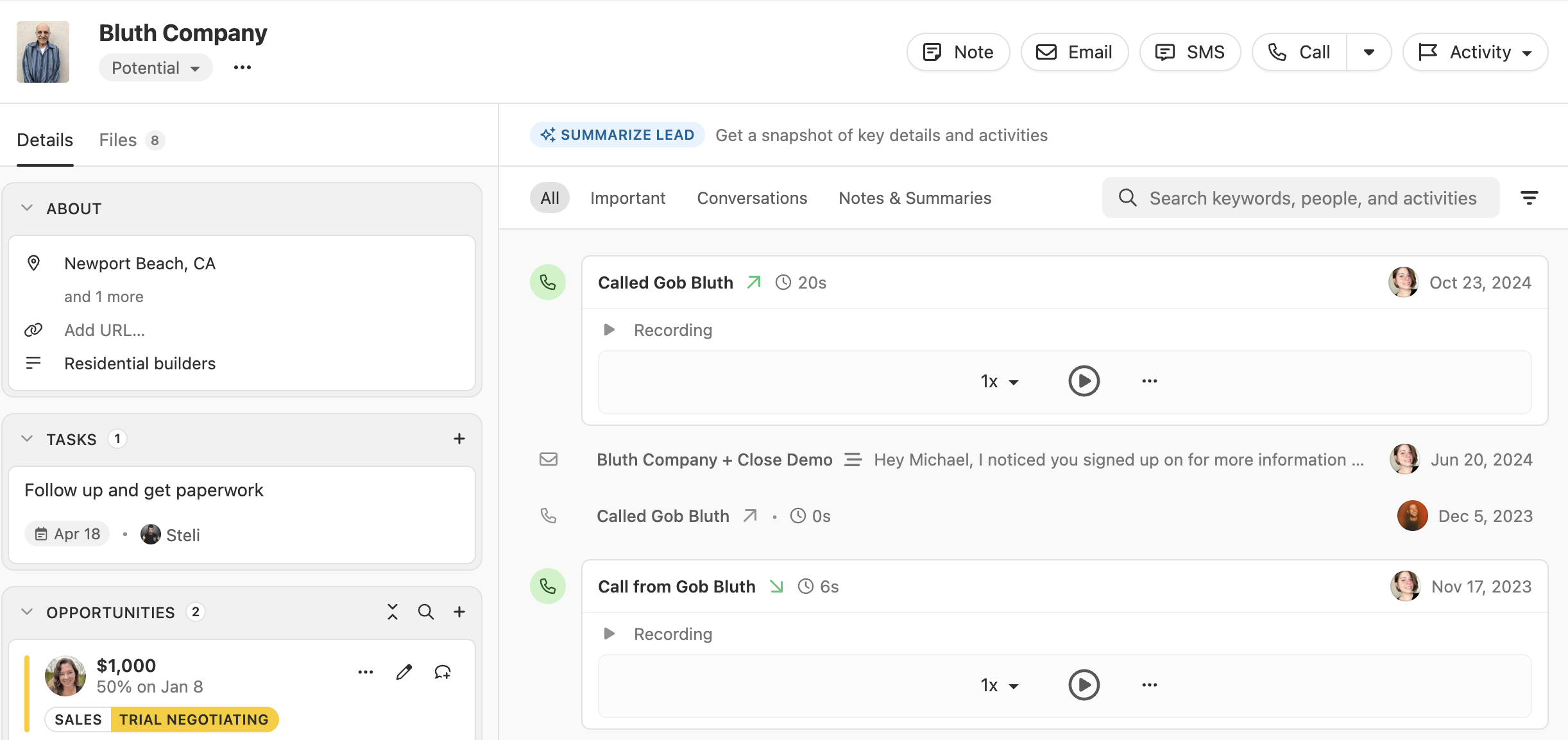CRM lead page showing lead details, tasks, opportunities, and activity feed with call recordings and email entries.