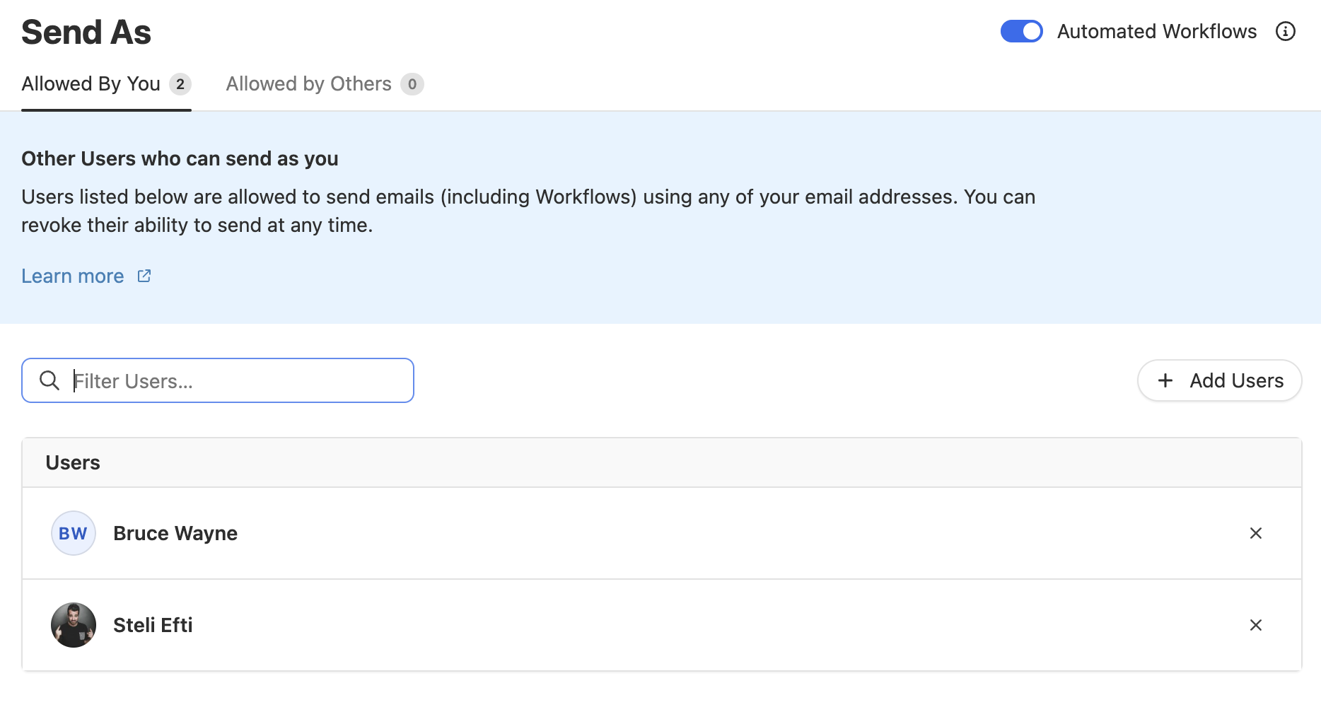Settings page showing users allowed to send emails as you with a searchable users list and add users button.