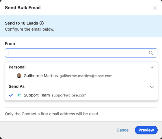Modal dialog for composing a bulk email with From address selection and Preview button.