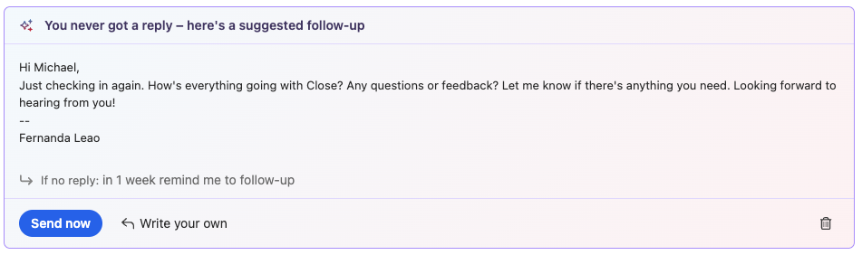 Email draft suggesting a follow-up message with Send now and Write your own options.