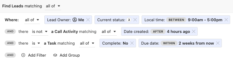 Lead filters panel showing owner, status, local time, call activity, and task conditions.