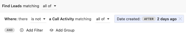 Smart View filter excluding leads with call activity after two days ago.