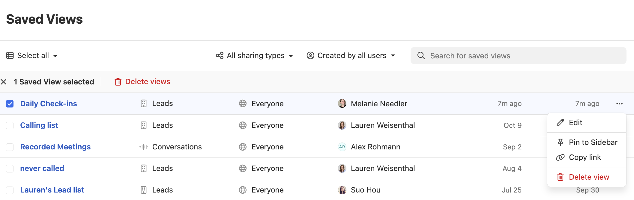 List of saved Smart Views with names, types, owners, and actions menu.