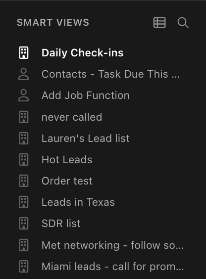 Left sidebar showing a list of Smart Views with icons and the highlighted Daily Check-ins view.