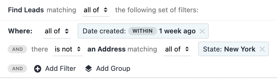 Lead filter builder showing date created within one week and address not matching state New York.