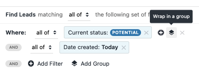 Lead filter bar showing Current status Potential and Date created Today with Wrap in a group tooltip.