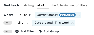 Search filters showing Current status Potential and Date created This week with Add Filter and Add Group buttons.