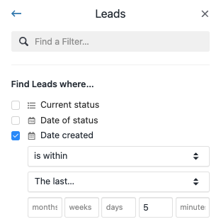 Filters sidebar showing 'Date created' selected with relative time set to last 5 days.