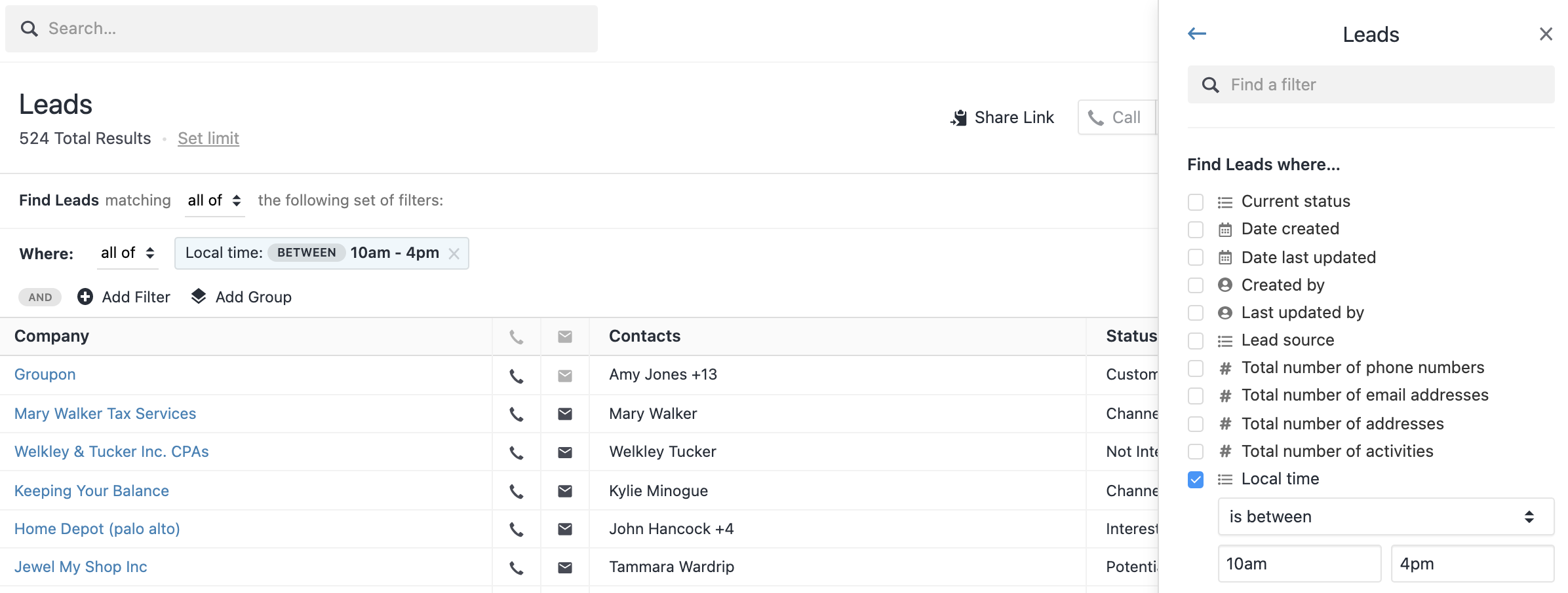 Leads list with filter sidebar showing Local time between 10am and 4pm.