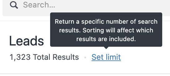 Tooltip above Set limit link explaining search result limits and sorting effects.