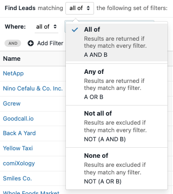 Dropdown explaining Match operator options and their effects on lead search filters.