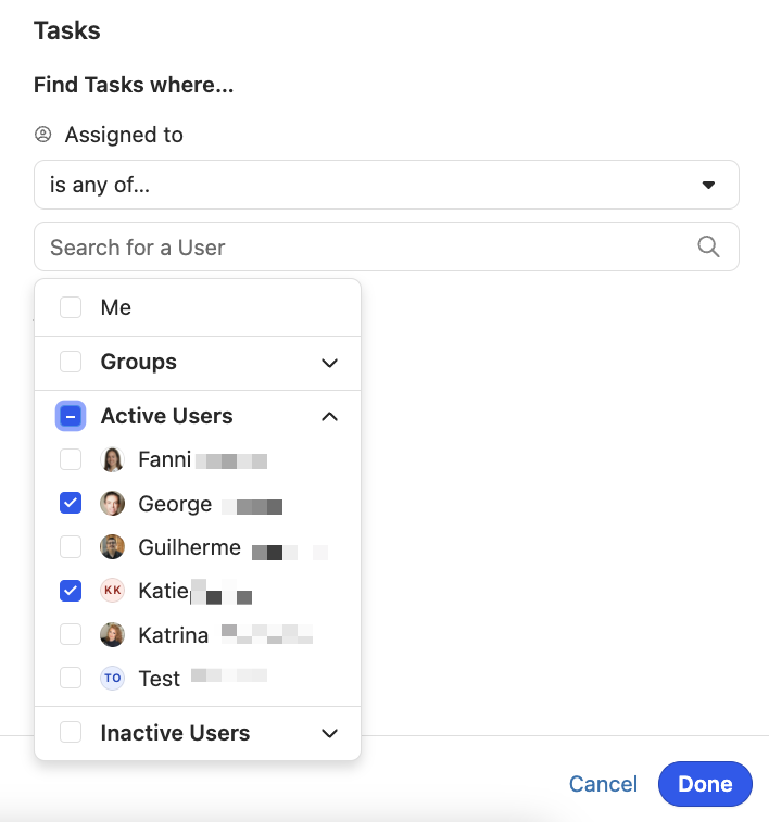 Filters sidebar showing Assigned to dropdown with user checkboxes and Done button.