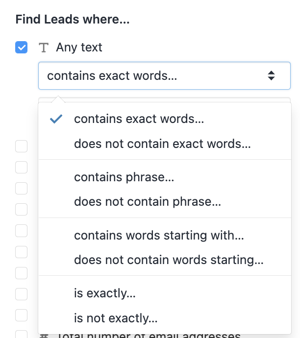 Dropdown menu showing text filter options like contains exact words and does not contain phrase.