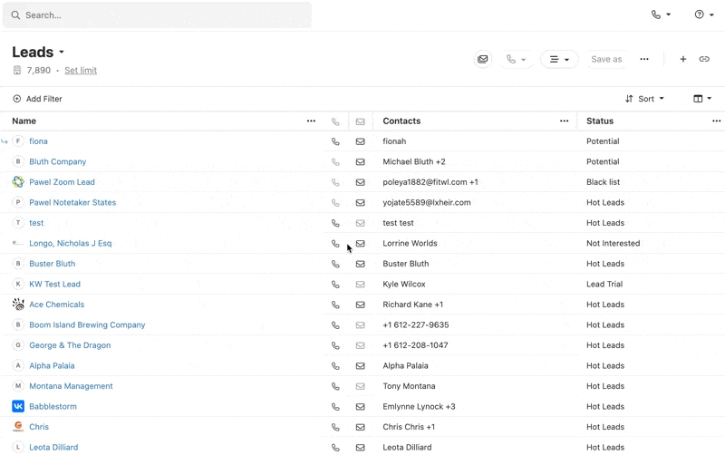 Lead list table showing names, contacts, and status columns with filter and sort controls.