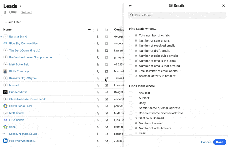 Leads list on the left with an open Emails filter panel on the right showing email-related filter options.