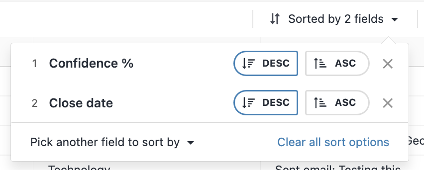 Dropdown showing two sort fields with DESC and ASC buttons for Confidence % and Close date.