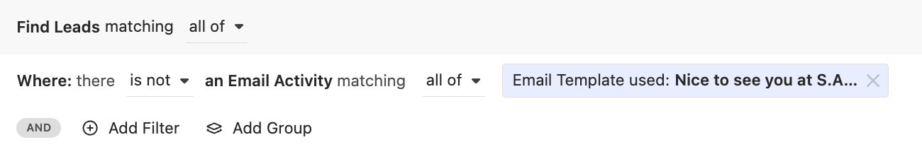 Smart View filter excluding leads with a specific email template used.